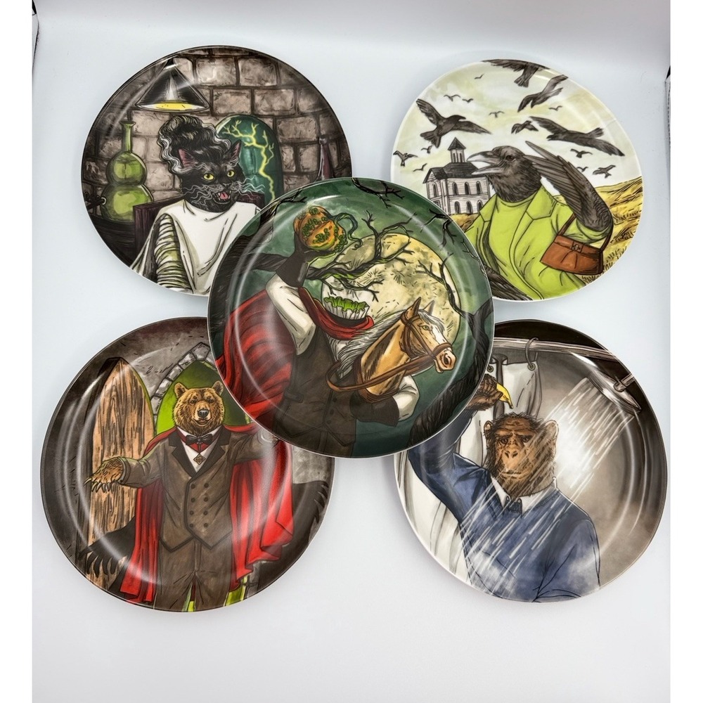 Rachel Kozlowski Set of 5 Halloween DAPPER Animal Salad Plates Porcelain NEW